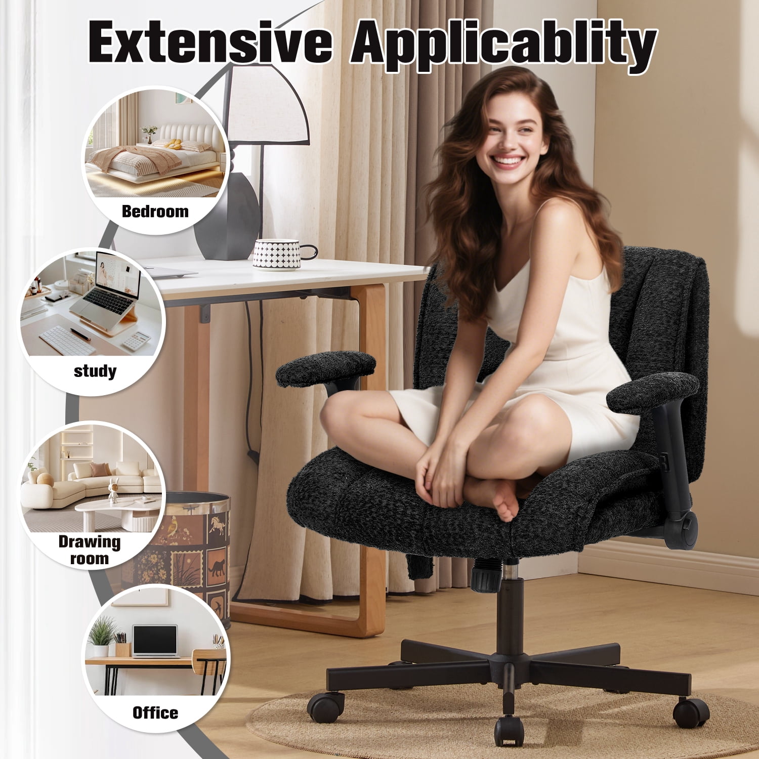 Criss Cross Chair with Dynamic Lumbar Support, Fabric Cross Legged Office Chair with Flip Arms and Wheels, Wide Swivel Vanity Chair for Home Office, Study, Makeup Room