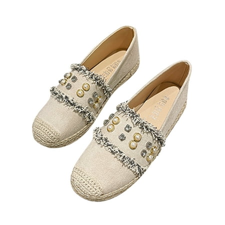 

Ritualay Womens Comfortable Flats Fashion Linen Casual Shoes Work Driving Slip On Loafers Beige 4.5
