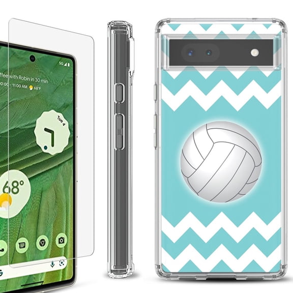 Shockproof Bumper Phone Case for Google Pixel 6a, with Tempered Glass Screen Protector, by OneToughShield ® - Chevron/Volleyball