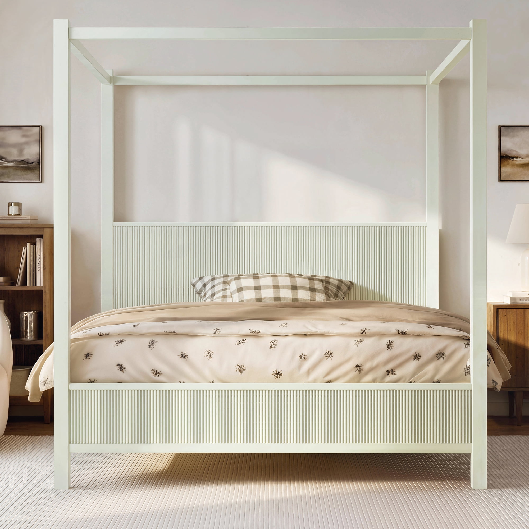 Euroco Wood Queen Size Canopy Platform Bed, Beige