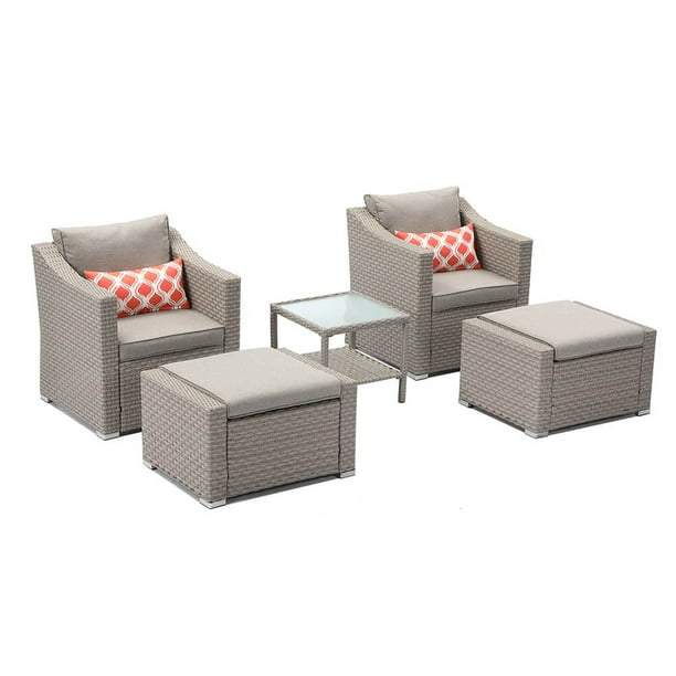Cosiest 5 Piece Outdoor Furniture Lounge Set Warm Gray Wicker Sectional Sofa W Thick Cushions Glass Top Table 2 Ottomans C Pattern Pillows For Garden Pool Backyard Com - Gray Wicker Patio Chair With Ottoman