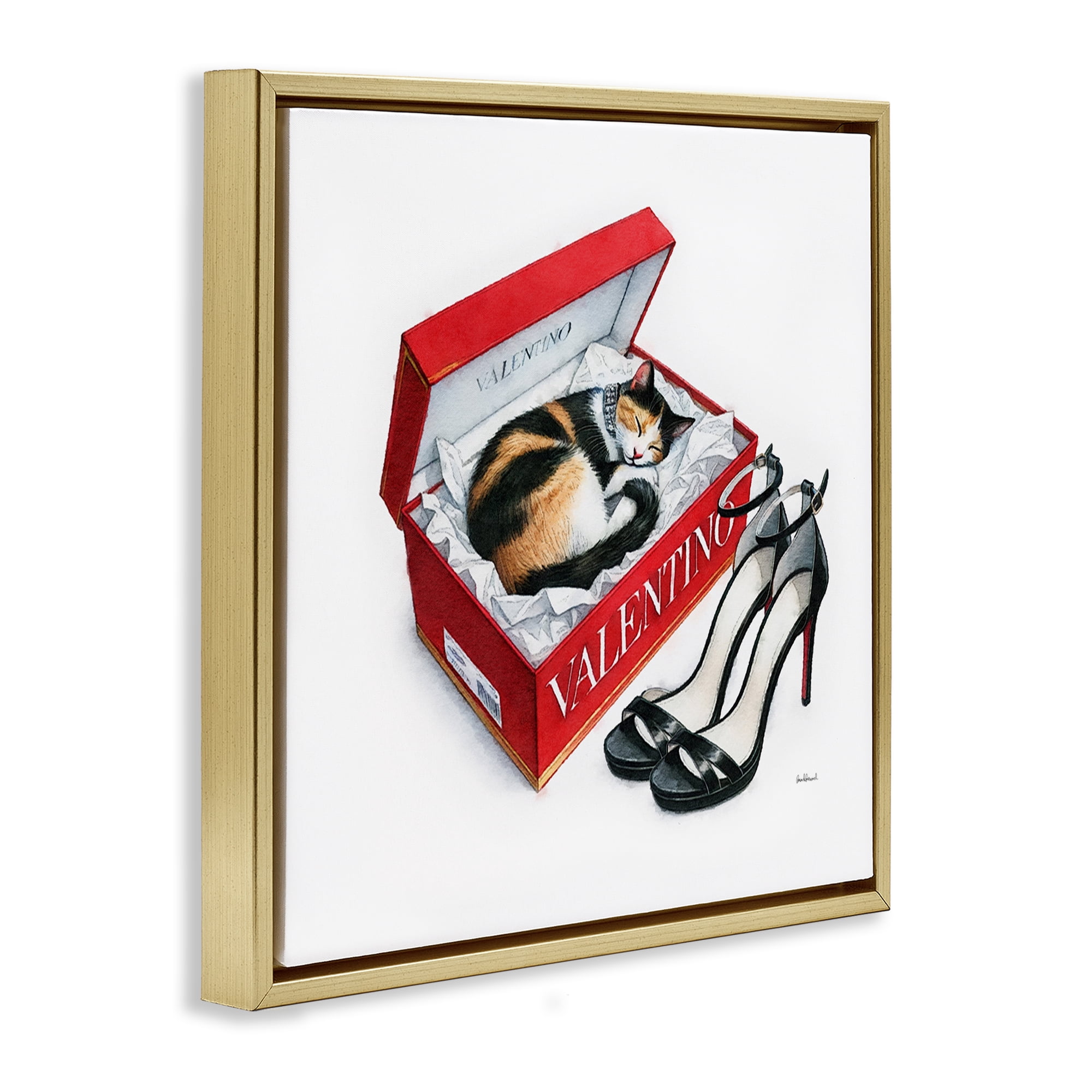 Stupell Industries Trendy Cat Shoebox Animals Painting Gold Floater Framed Canvas Art Print Wall Art, 18 x 18