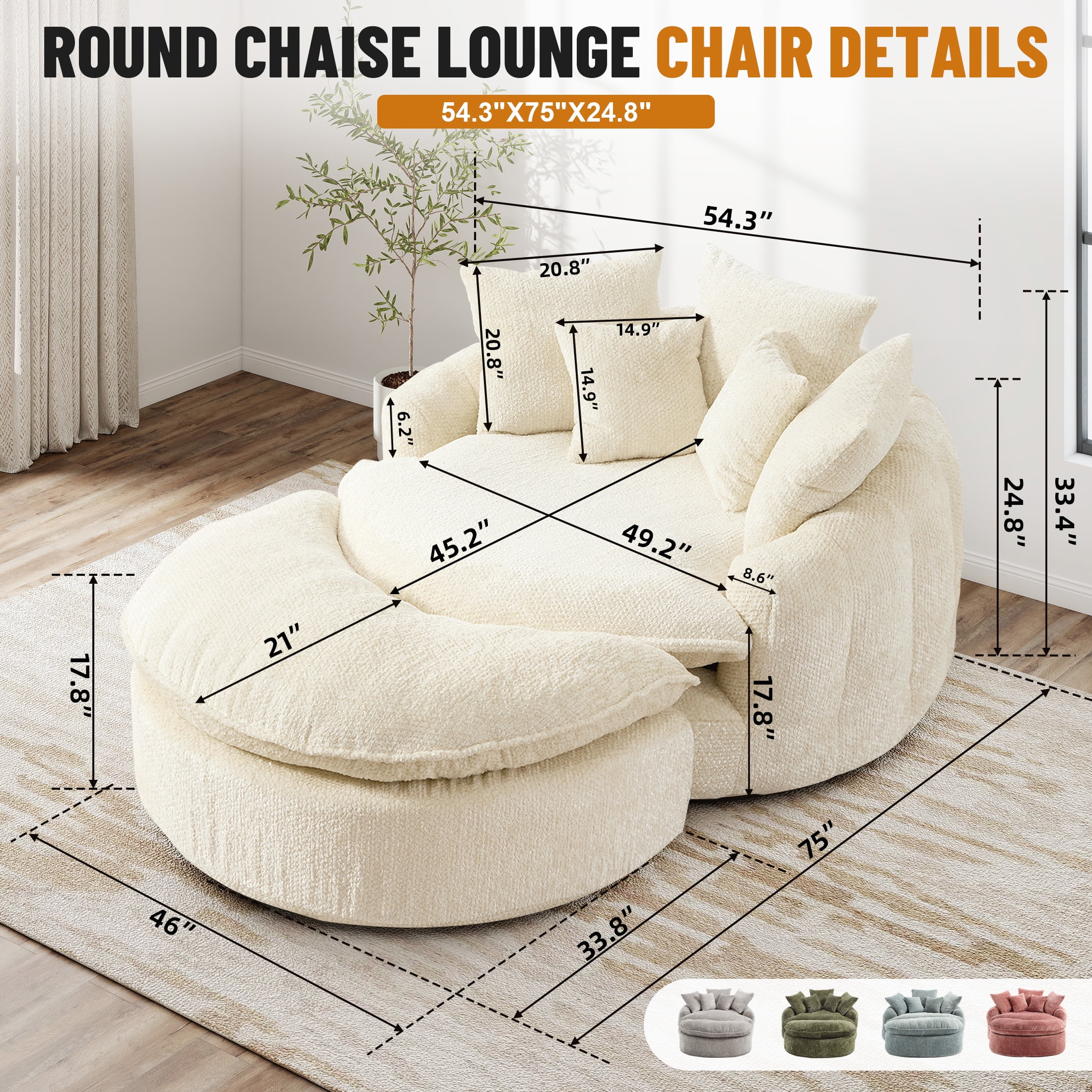 Aukfa 75" Oversized Round Chaise Lounge Chair with Half Moon Ottoman, Boneless Cloud Circle Deep Seat Sofa Set for Living Room, 5 Pillows, No Assembly Required, Beige