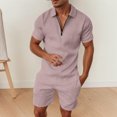 thumbnail image 2 of 2 Piece Short Sets for Men Summer Beach Outfits Striped Texture Zipper Shirts & Shorts Casual Vacation Set, 2 of 5