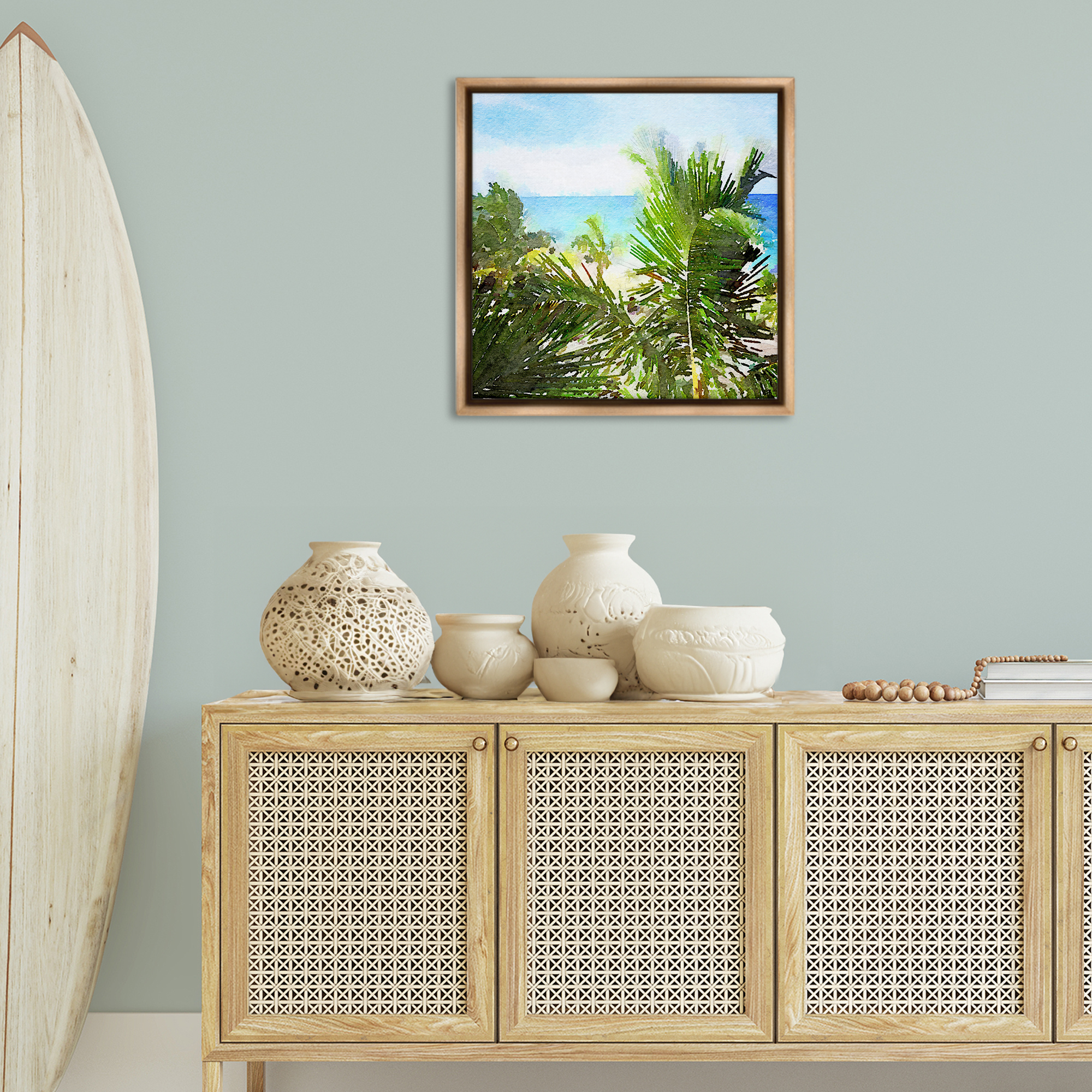 Stupell Industries Palm Leaves over Beach Landscape & Nature Painting Brown Floater Framed Canvas Art Print Wall Art, 25 x 25