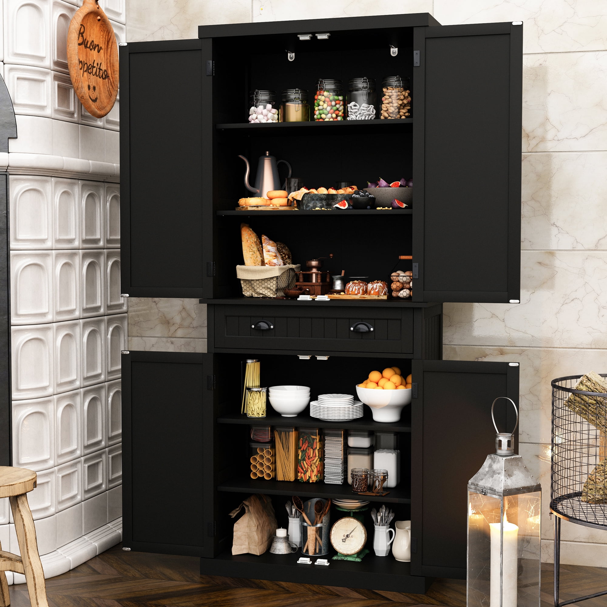 HLR Freestanding Durable Kitchen Pantry Storage Cabinet with Adjustable Shelves, Black