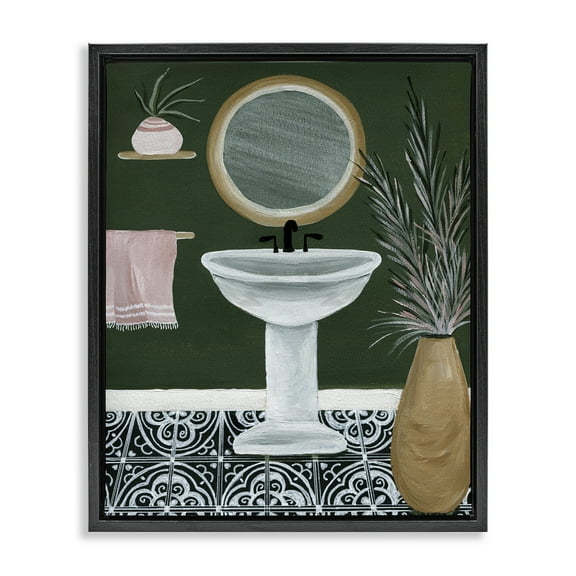 Stupell Industries Chic Green Bathroom Typography Painting Black Floater Framed Canvas Art Print Wall Art, 17 x 21