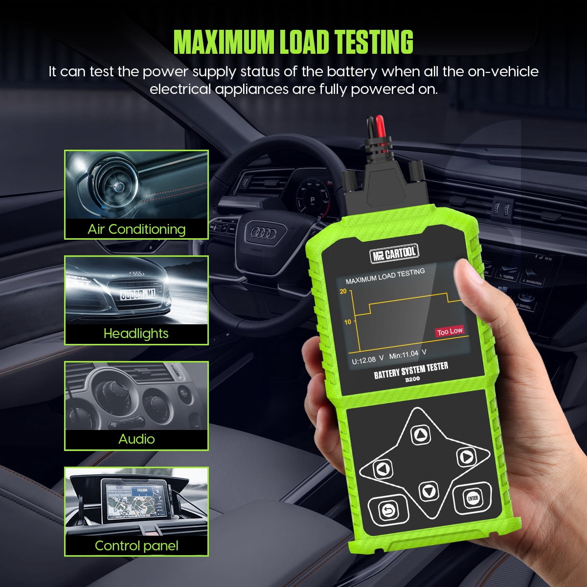 MR CARTOOL B200 Car Battery Tester Multimeter 12V/24V 30-1700 CCA Auto Cranking Charging Analyzer for Truck Motorcycle Boat
