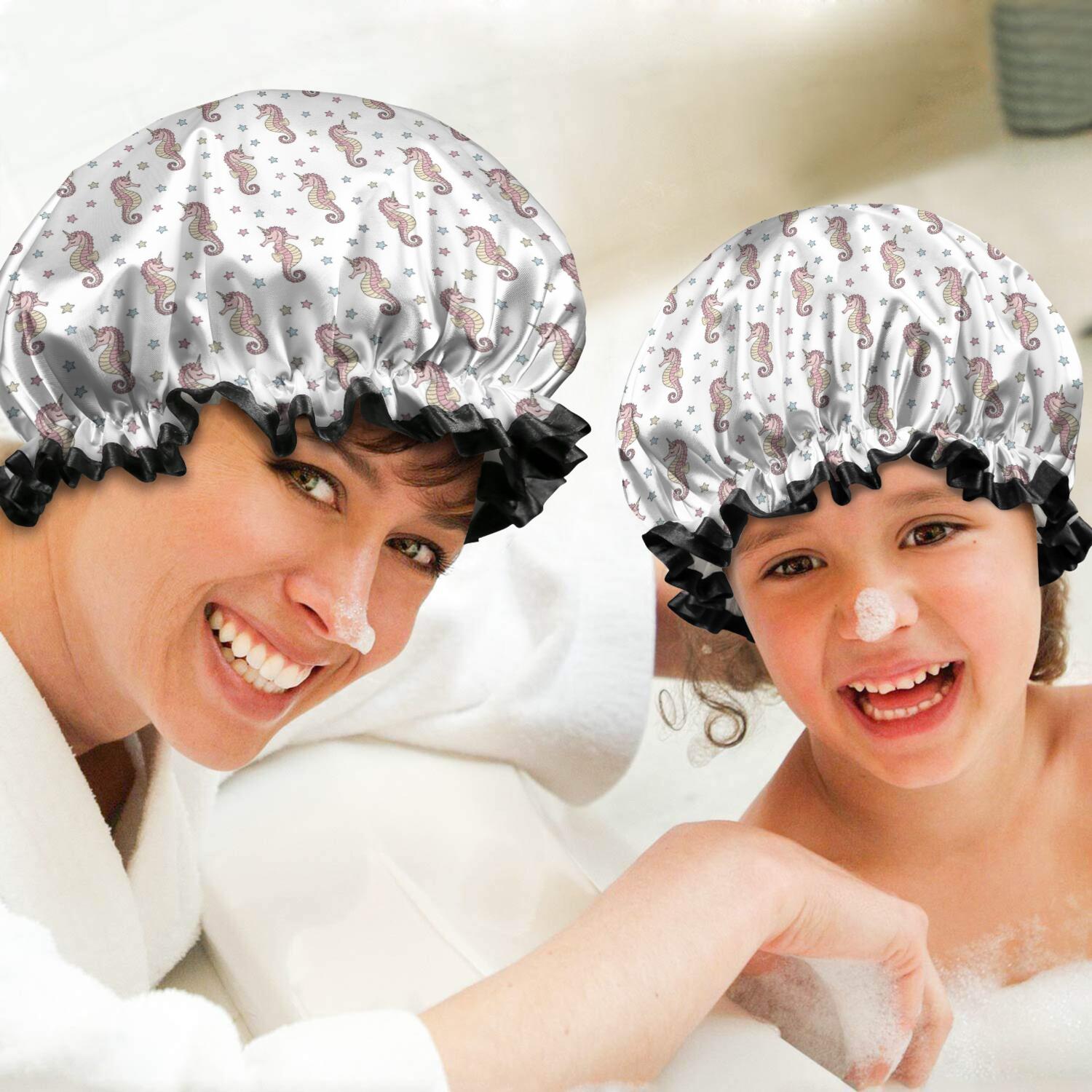 Shower Caps,White Cartoon Seahorse Star Pattern Waterproof Shower Cap for Women 4 Pieces,Double Reusable Hair Cover for Shower PEVA Elastic Stretch Hem