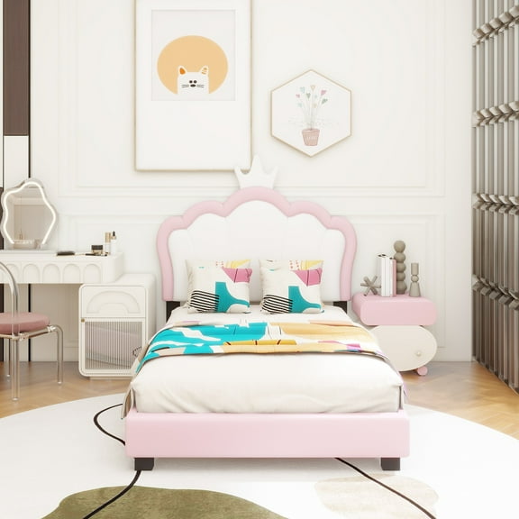 Twin size Upholstered Princess Bed With Crown Headboard,Twin Size Platform Bed with Headboard and Footboard,Cream Pink