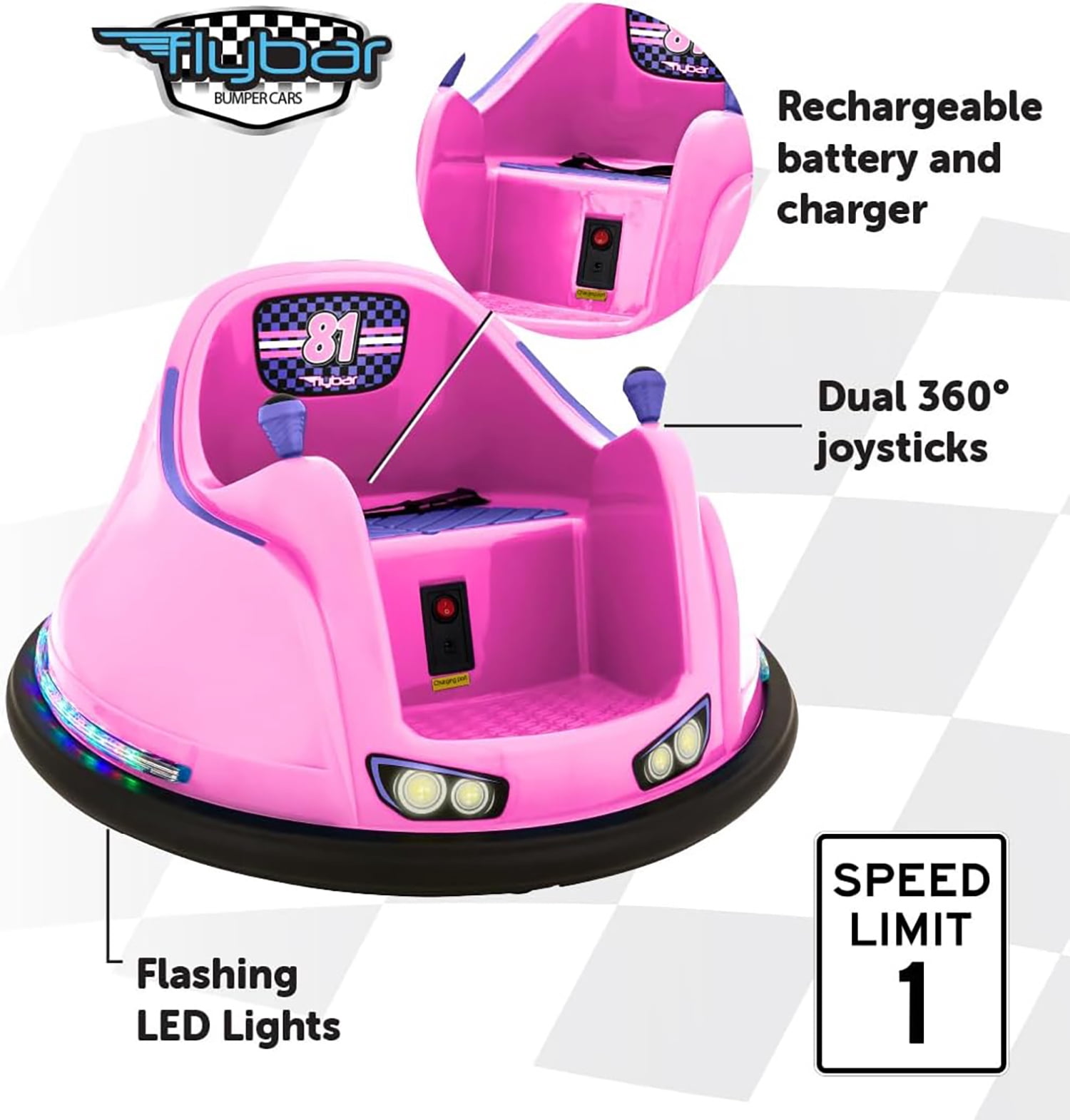 Flybar 6V Bumper Car for Toddlers Pink, Electric Ride on Toy for Kids Ages 1.5-4 with LED Lights & Safety Belt, 360 Degree Spin, Max Weight of 66 lbs