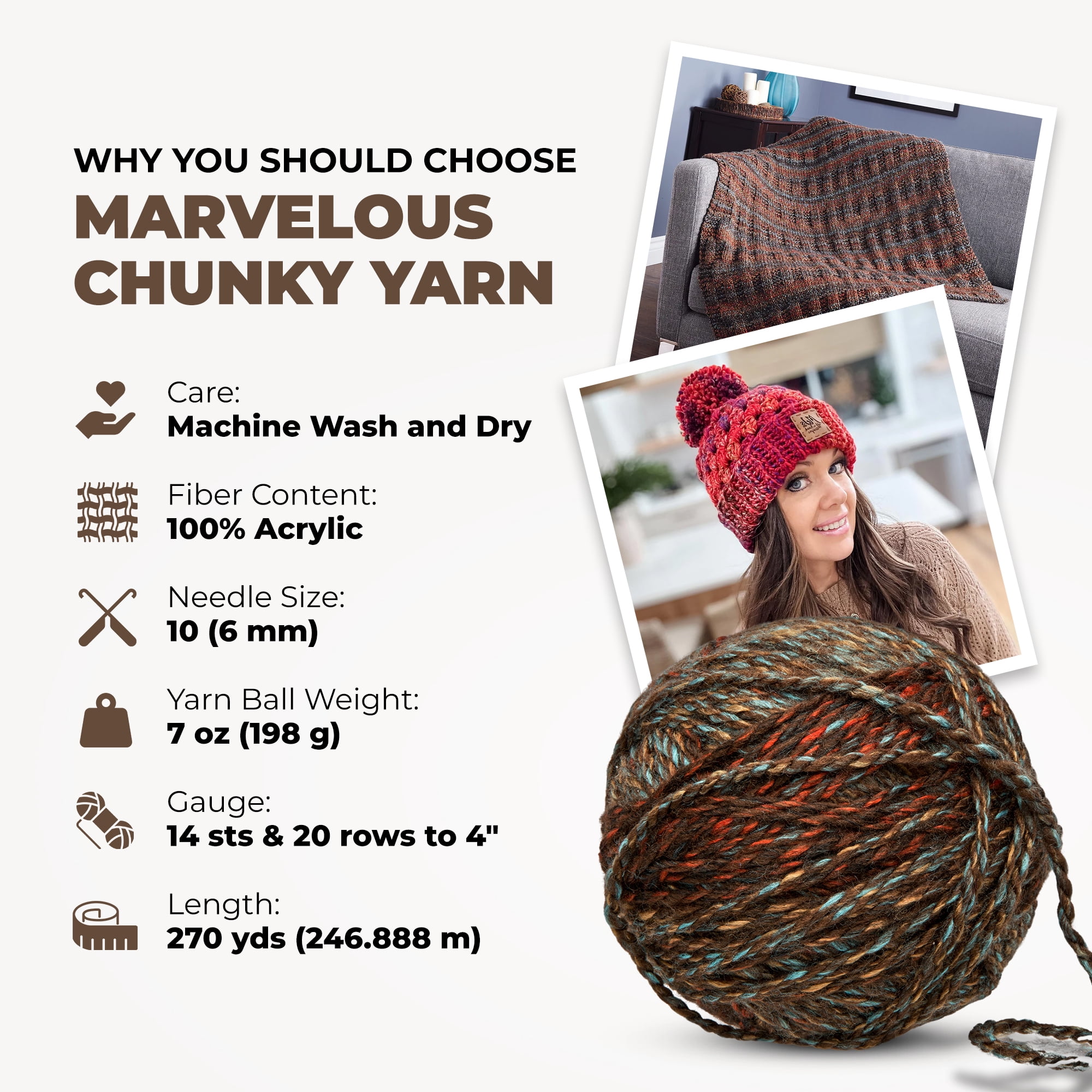 Mary Maxim Marvelous Chunky Yarn 5 Weight Bulky Yarn Acrylic, 270 Yards Chocolate Mint
