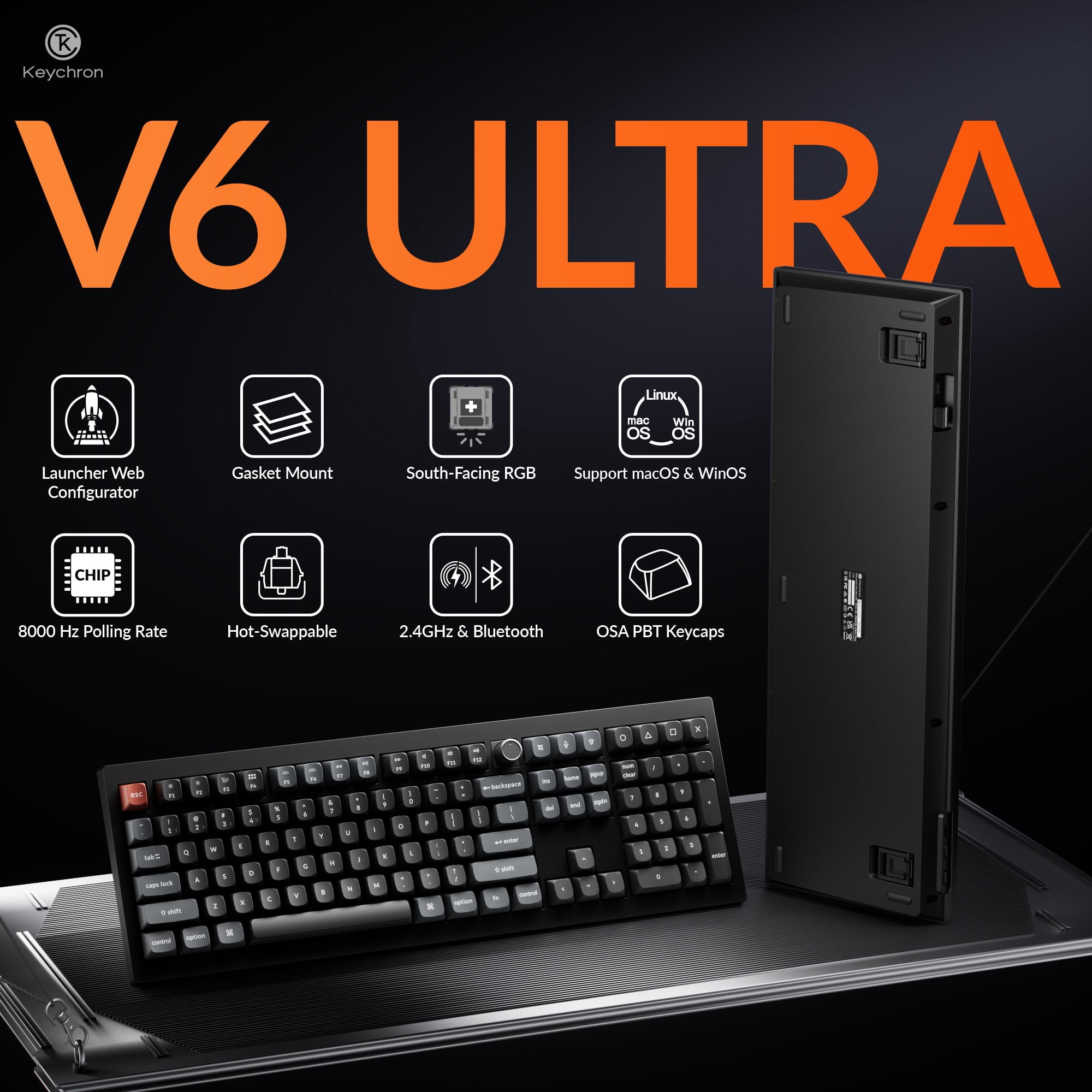Keychron V6 Ultra 8K Full Size Wireless Mechanical Keyboard, 8000Hz, Hot-Swappable Red Switch, RGB Backlight, PBT Keycaps, 2.4GHz/Bluetooth/Wired, QMK/VIA, for Windows macOS Linux– Black
