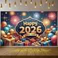 thumbnail image 6 of Colorful Balloons Happy New Year Banner Golden Stars 2026 Banner Fireworks Design Gift Boxes Ornate Border Festival Banner for New Year Party Holiday Celebration Indoor Decoration, 6 of 9