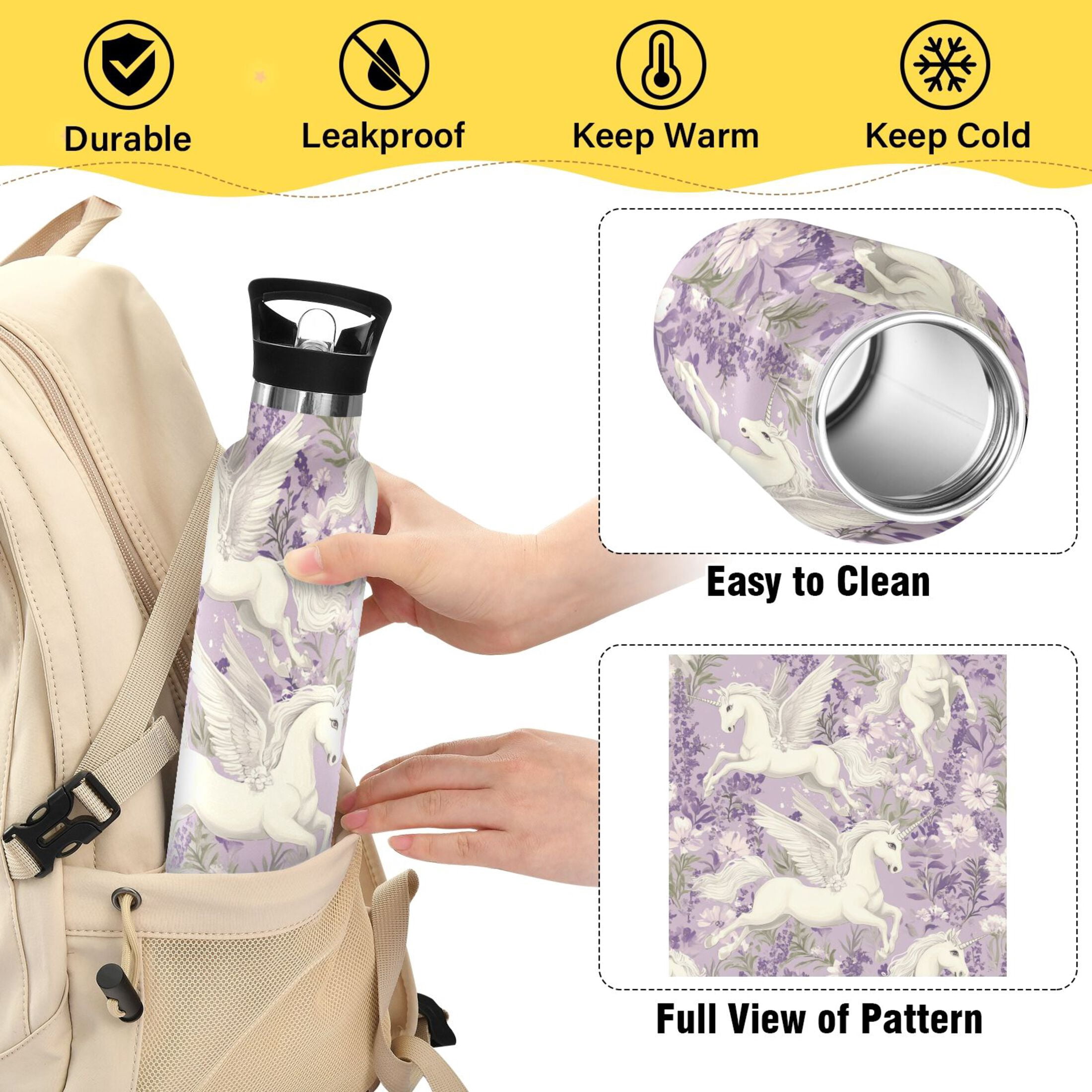 Kids Insulated Stainless Steel Sports Water Bottle 600ml (20oz) White Unicorns and Pegasi