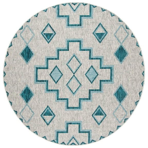 SAFAVIEH Courtyard Floella Geometric Indoor/Outdoor Area Rug, Grey/Teal, 6'7" x 6'7" Round