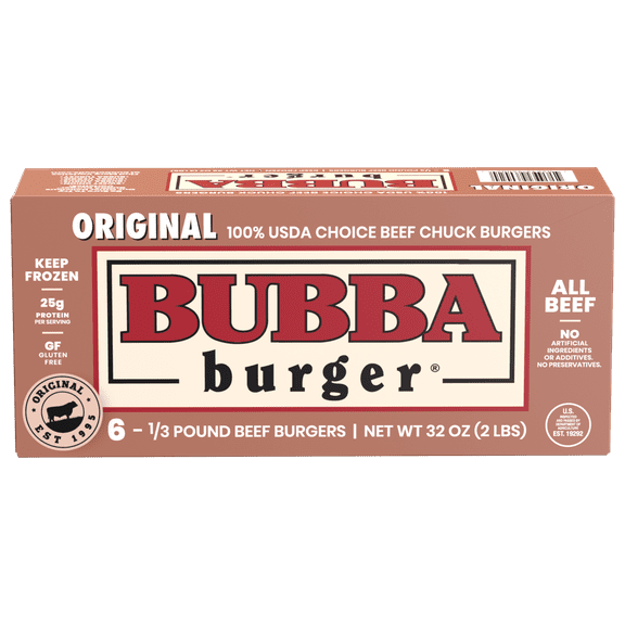 Bubba Burger® Original 100% USDA Choice Chuck Beef, 6 Frozen 1/3 Pound Burgers, 2 lbs Box