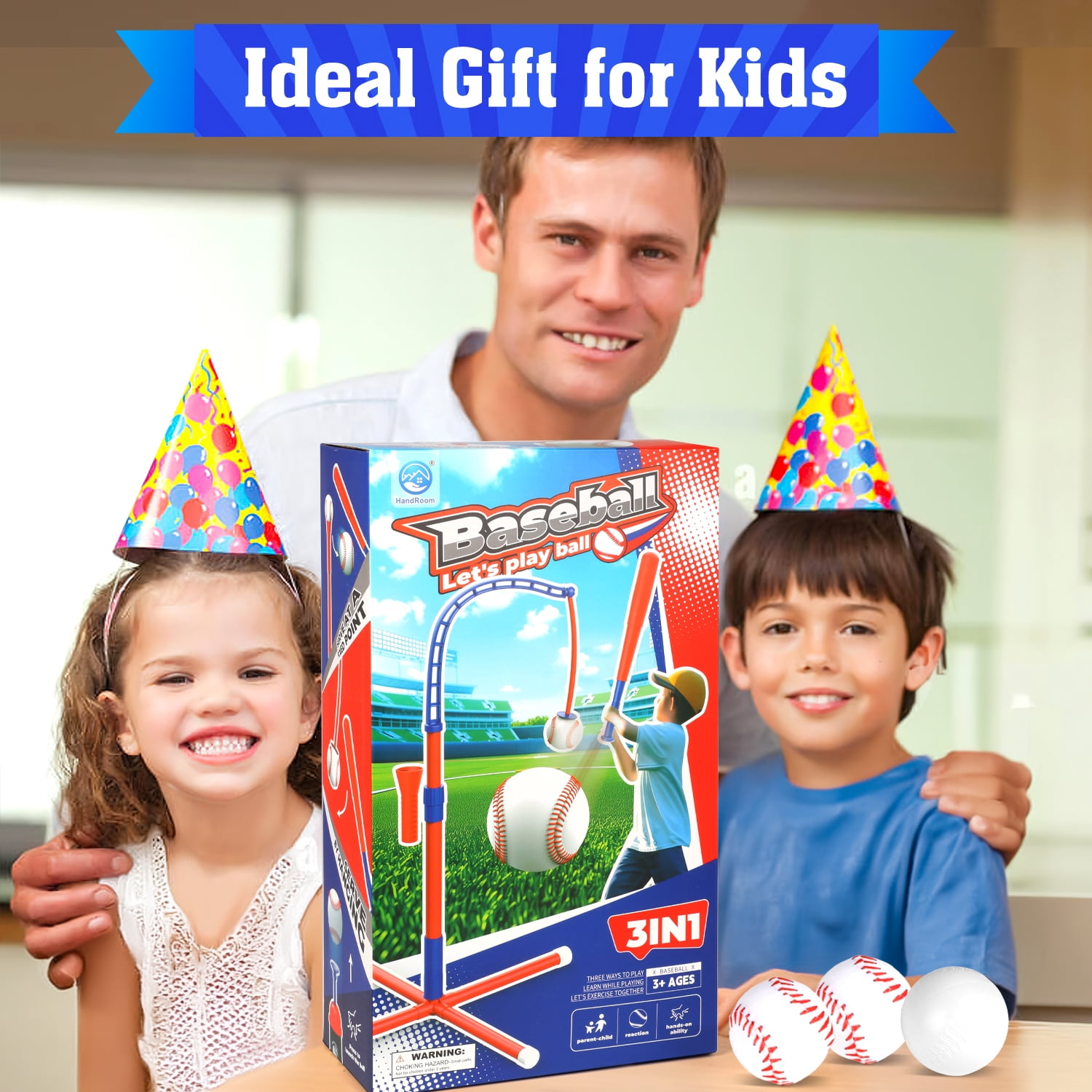 Beefunni 3-in-1 Baseball Set for Toddlers Kids 3-8 - Tee Ball Stand, Hanging Tee, Ball Launcher and 6 Baseballs -  Indoor/Outdoor Sport Gifts for Boys (Red&Blue)