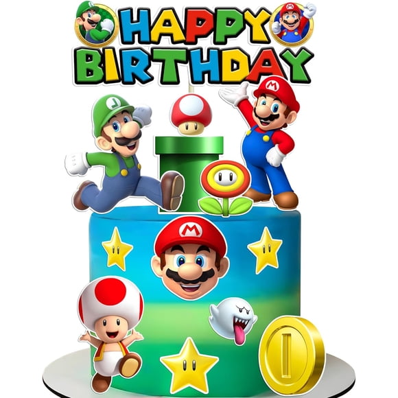 Super Bros Cake Topper for Birthday Party, Fun Kid's Party Cupcake Decoration, Super Brother Birthday Party Supplies
