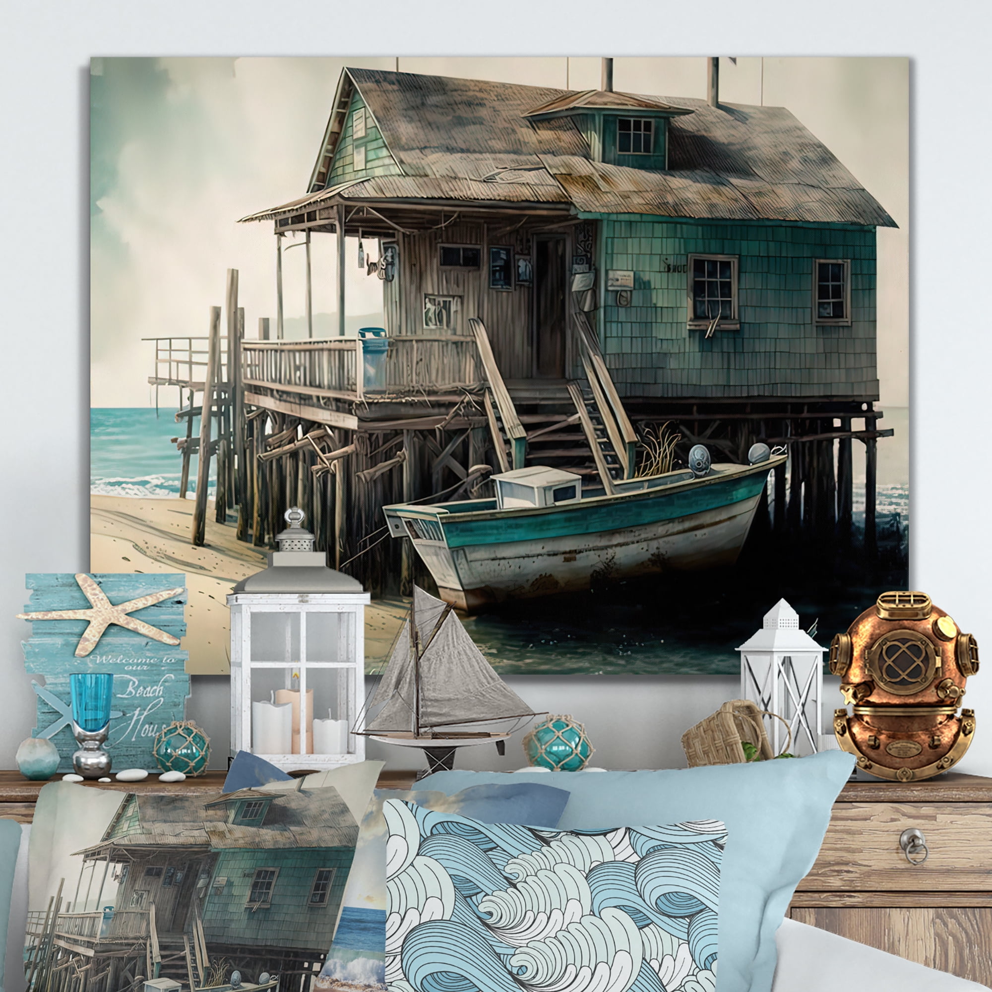 Designart Rustic Port With A Fishing Boat I Canvas Wall Art