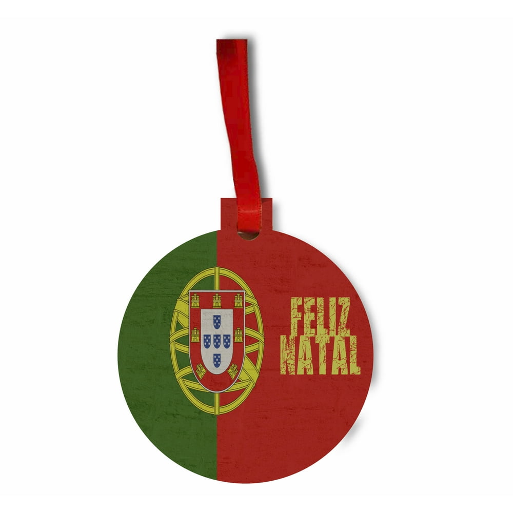 Portugal Flag Feliz Natal Flat Round Shaped Hardboard Hanging Christmas Holiday Tree Ornament