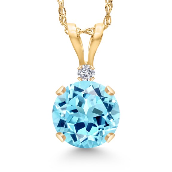 Gem Stone King 14K Yellow Gold Blue Apatite and Lab Grown Diamond Pendant Necklace for Women | 0.83 Cttw | Gemstone Birthstone | Round 6MM | With 18 inch Chain