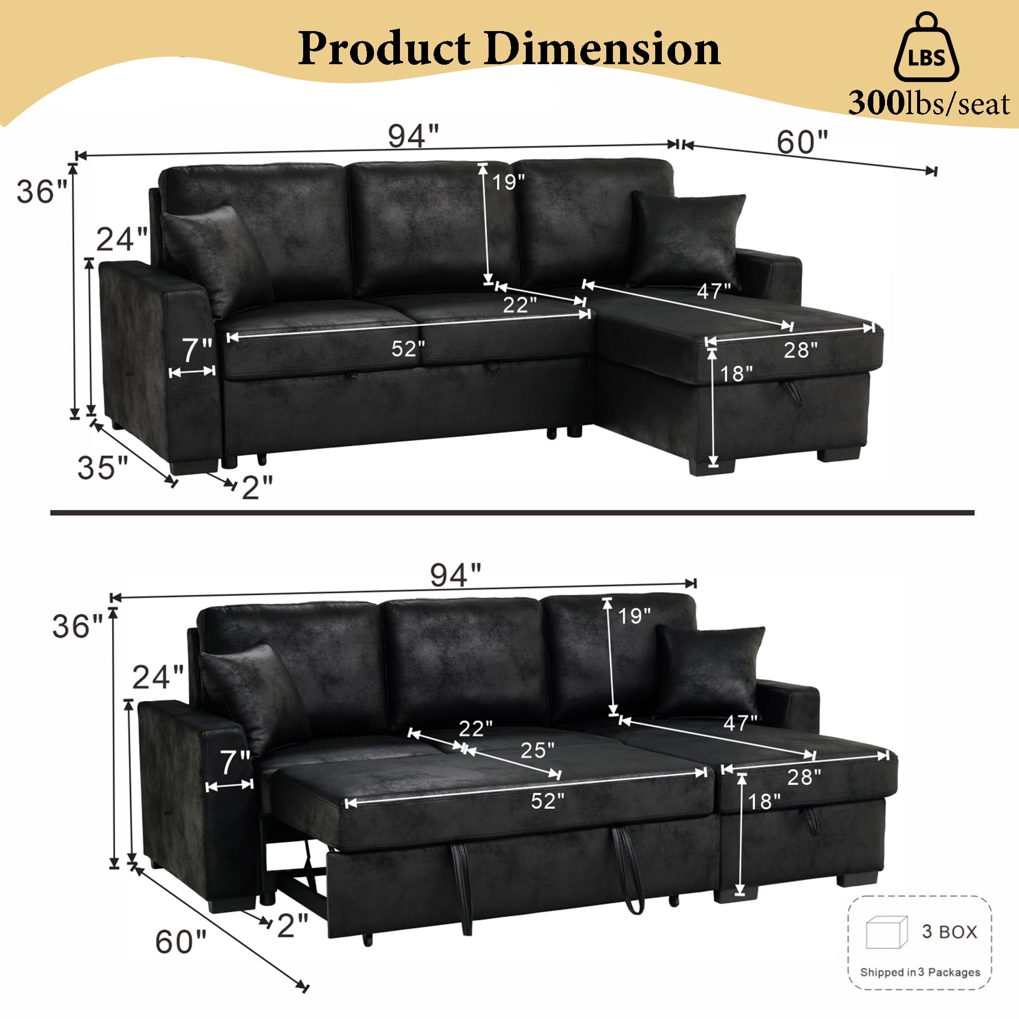 Howcool 94" Upholstered Sectional Sofa with Pull-Out Bed and Storage Chaise,Textured Fabric Sleeper Couch with USB Charger & Cup Holders for Living Room,Black