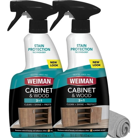 Cabinet and Wood Cleaner, Shine, Clean Protect Spray - For Cabinets, Furniture, Tables, Baseboards, Trim more, 16 oz, 2 PACK with MicroFiber Towel