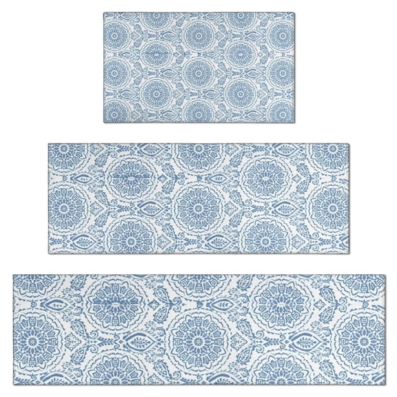 Blue Ethnic Mandala Pattern Kitchen Rugs Sets Of 3,Kitchen Runner Rugs Non Skid Washable,Decorative Kitchen Floor Mats for Kitchen,Sink,Laundry,17"x30" 17"x47" 17"x59"