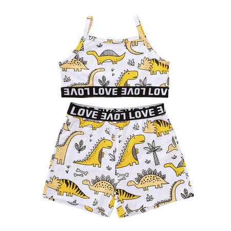 

HIBRO Toddler Girls Sleeveless Cartoon Dinosaur Prints Suspenders Tops Summer Short Pants Outfits Baby Girl Stuff Dinosaur Gift Set Girl