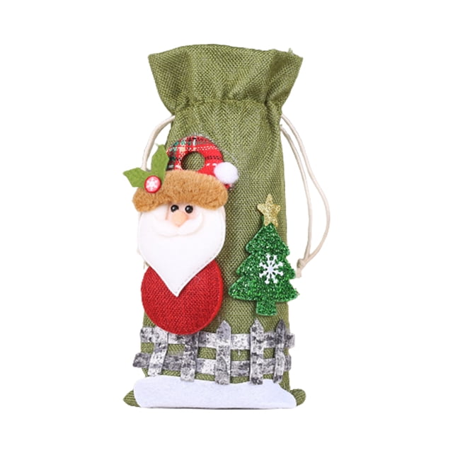 Naiovety Funda para botella de vino de Navidad, manga con cordón, de comedor, aplique 3D, fundas para beber cerveza, champán, calcetín, Kits de decoración para fiestas Papá Noel