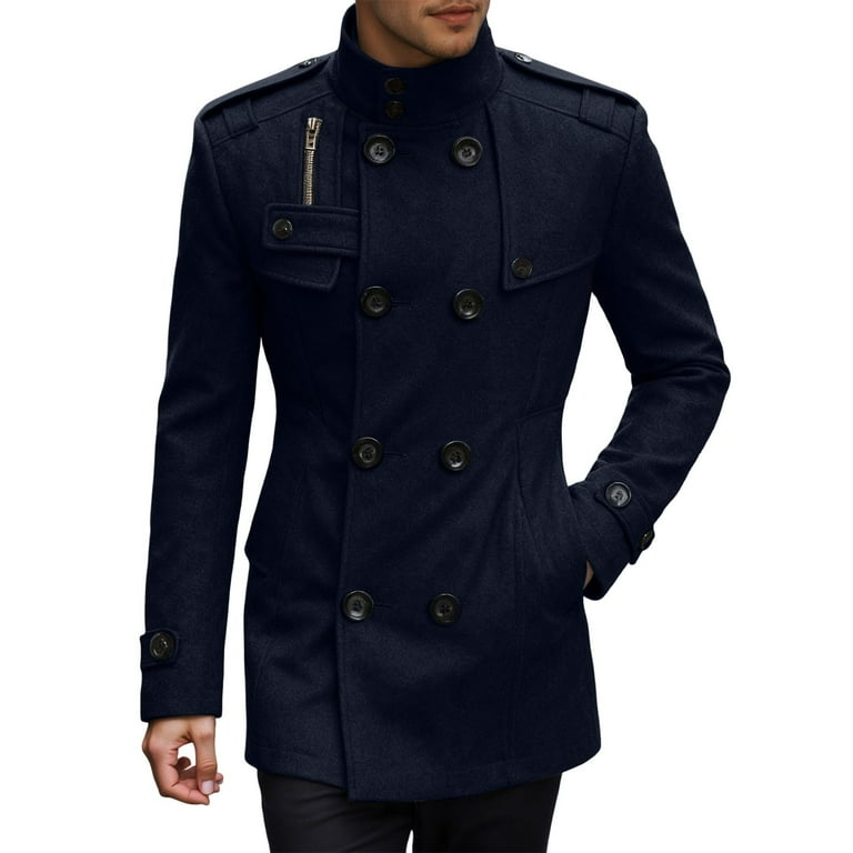Men's Pea Coats Stand Collar Double Breasted Short Trench Coat