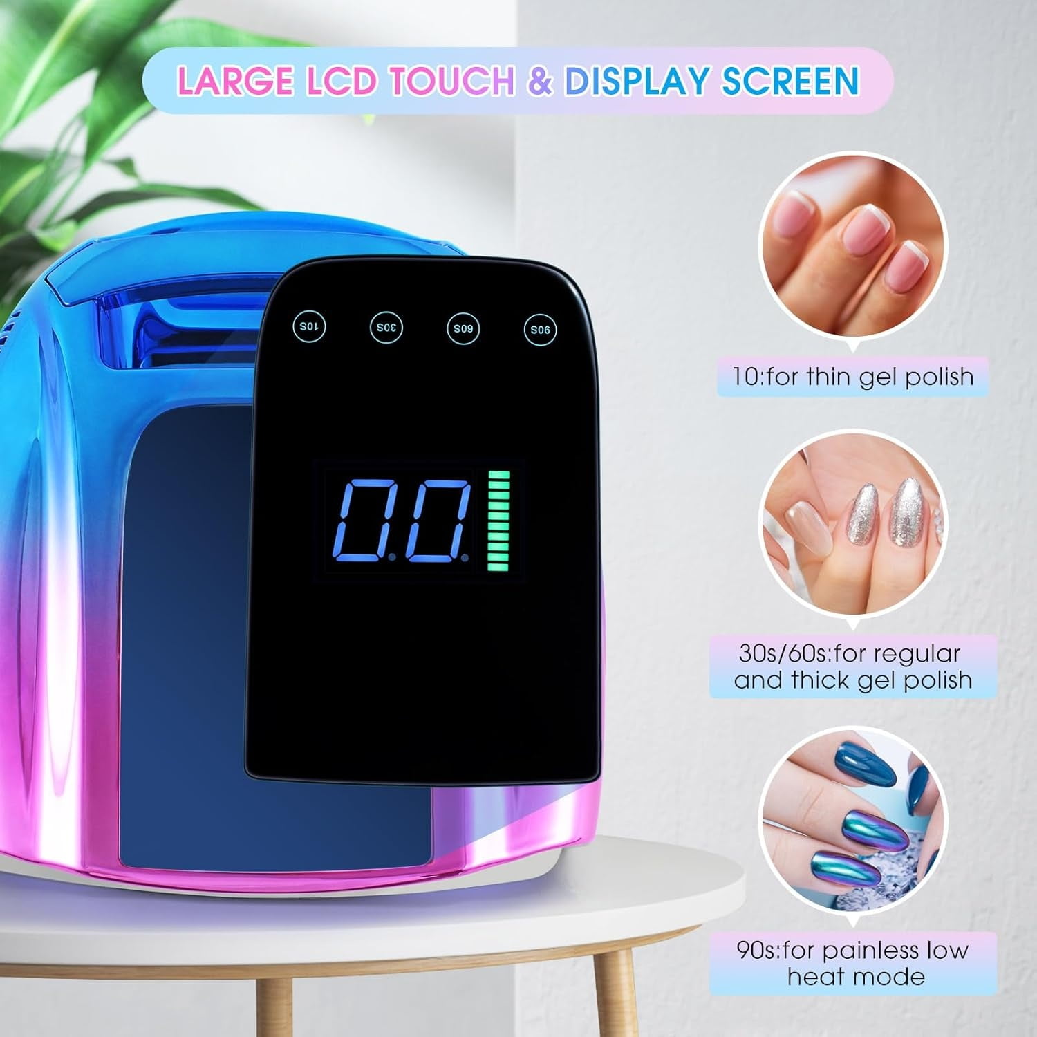 UV LED Nail Lamp 96W, Rechargeable UV Light for Gel Nails with Metal Base, Auto Sensor and 4 Timer Settings, Salon Quality UV Nail Light (Blue&Purple)