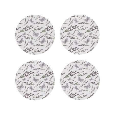 

Fuzoiu Lavender And Butterfly Print Leather Coasters Set Drink Coasters Set of 4 for Tabletop Protection Durable PVC Coasters Home Décor and Housewarming Gift-Round Shape