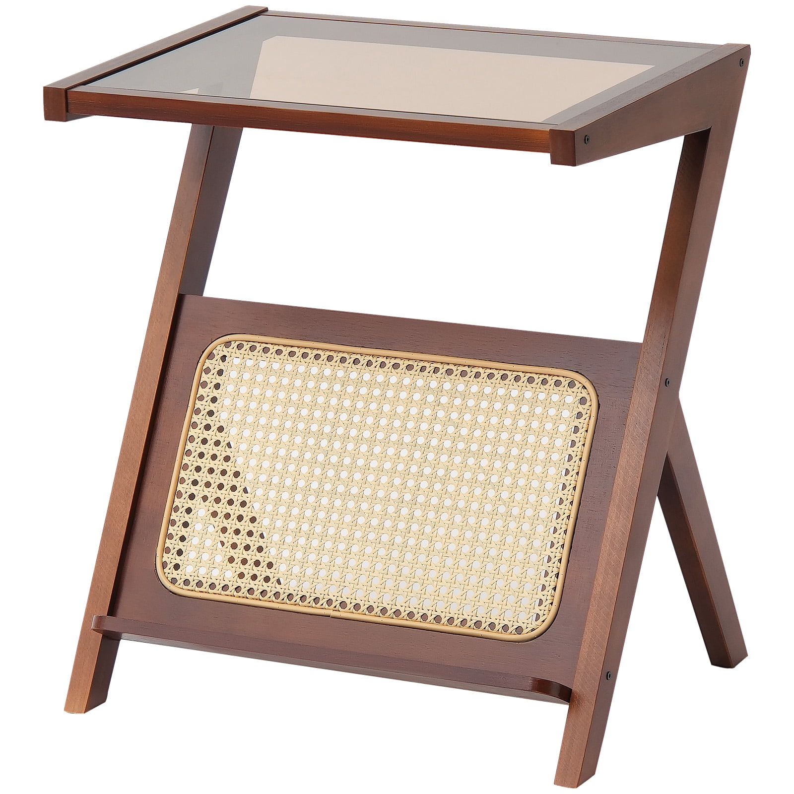 KFFKFF Bamboo Coffee Table, Contemporary Z-Form Rattan Weaved Table with Reinforced Glass Surface, 20” Bohemian Style Storage Table with Authentic Bamboo Stands, Suitable for Lounge, Bedroom