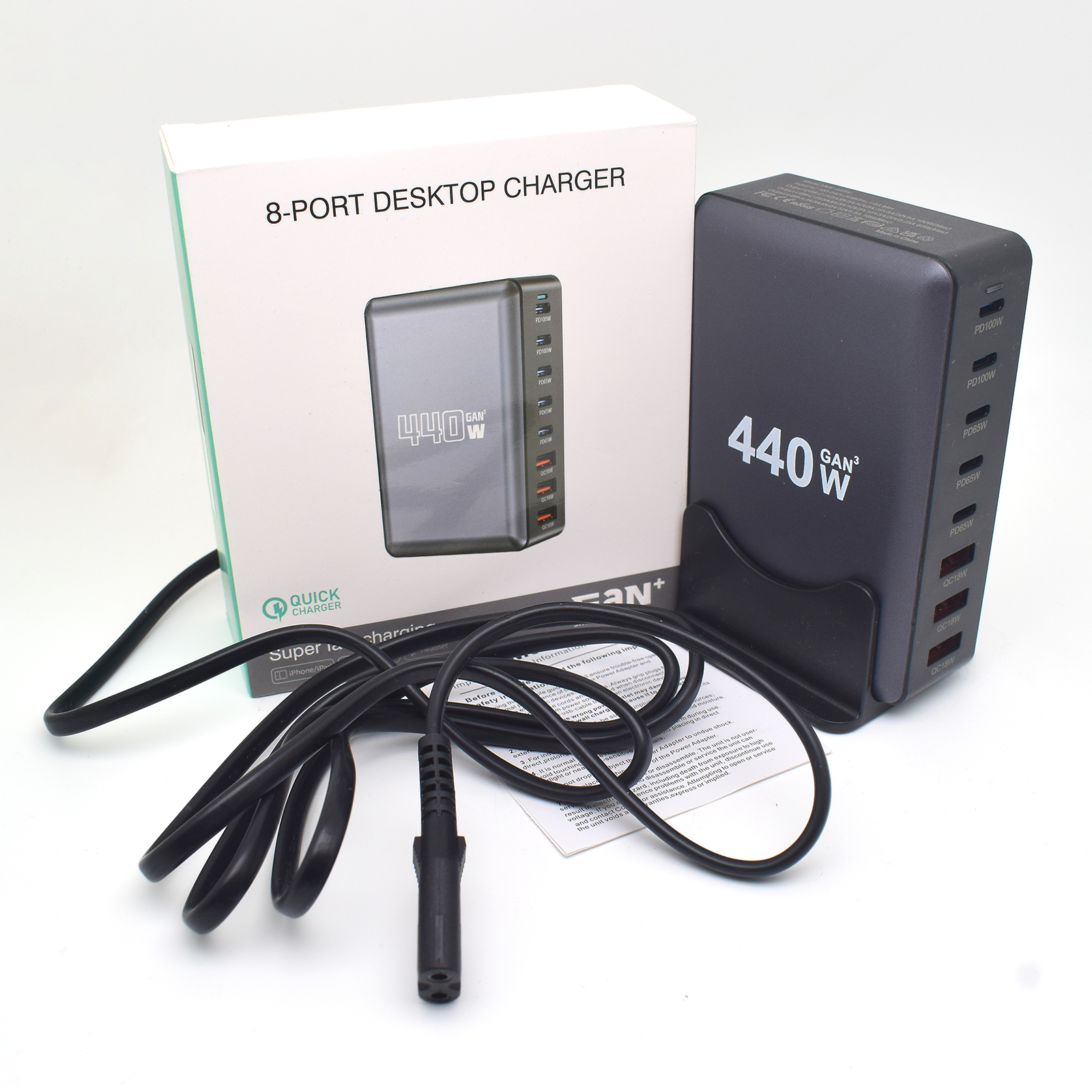 440W GaN 8-Port USB Type C Charging Station, 100W PD3.0 + QC3.0 Fast Charger Hub for Laptop, Phone, Tablet, Smartwatch - Safe & Reliable