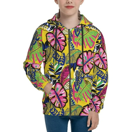 

Hoodies for Women Hawaiian Style Yellow Pink Long Sleeve Sweatshirt Drawstring Zip Up Hoodie with Pockets Teen Girl Clothes