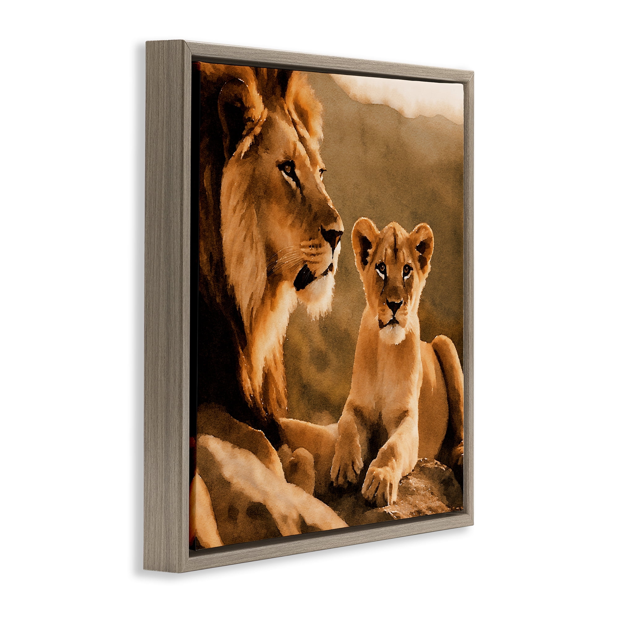 Stupell Industries Lion & Cub Portrait Animals Painting Brown Floater Framed Canvas Art Print Wall Art, 18 x 18