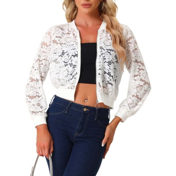 CHAQUETA BOMBER DE ENCAJE PARA MUJERES INSPIRADA EN SAN VALENTÍN CON CUELLO ALTO Y CREMALLERA MESH TRANSPARENTE M BLANCA