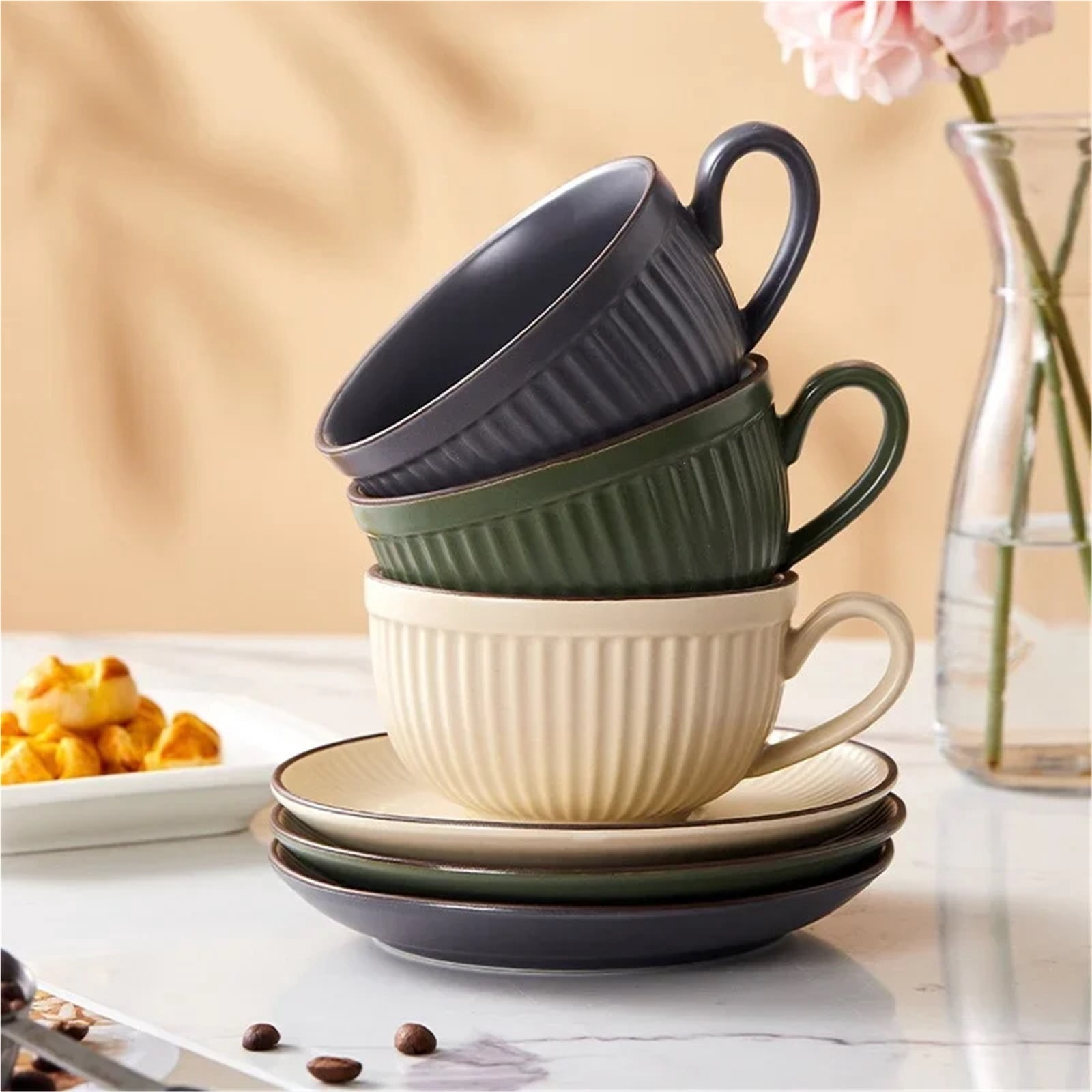 European Retro Style Ceramic Mugs Pumpkin Striped Coffe Cup with Saucer Afternoon Tea Cup Espresso Latte Mug Kitchen Water Cup