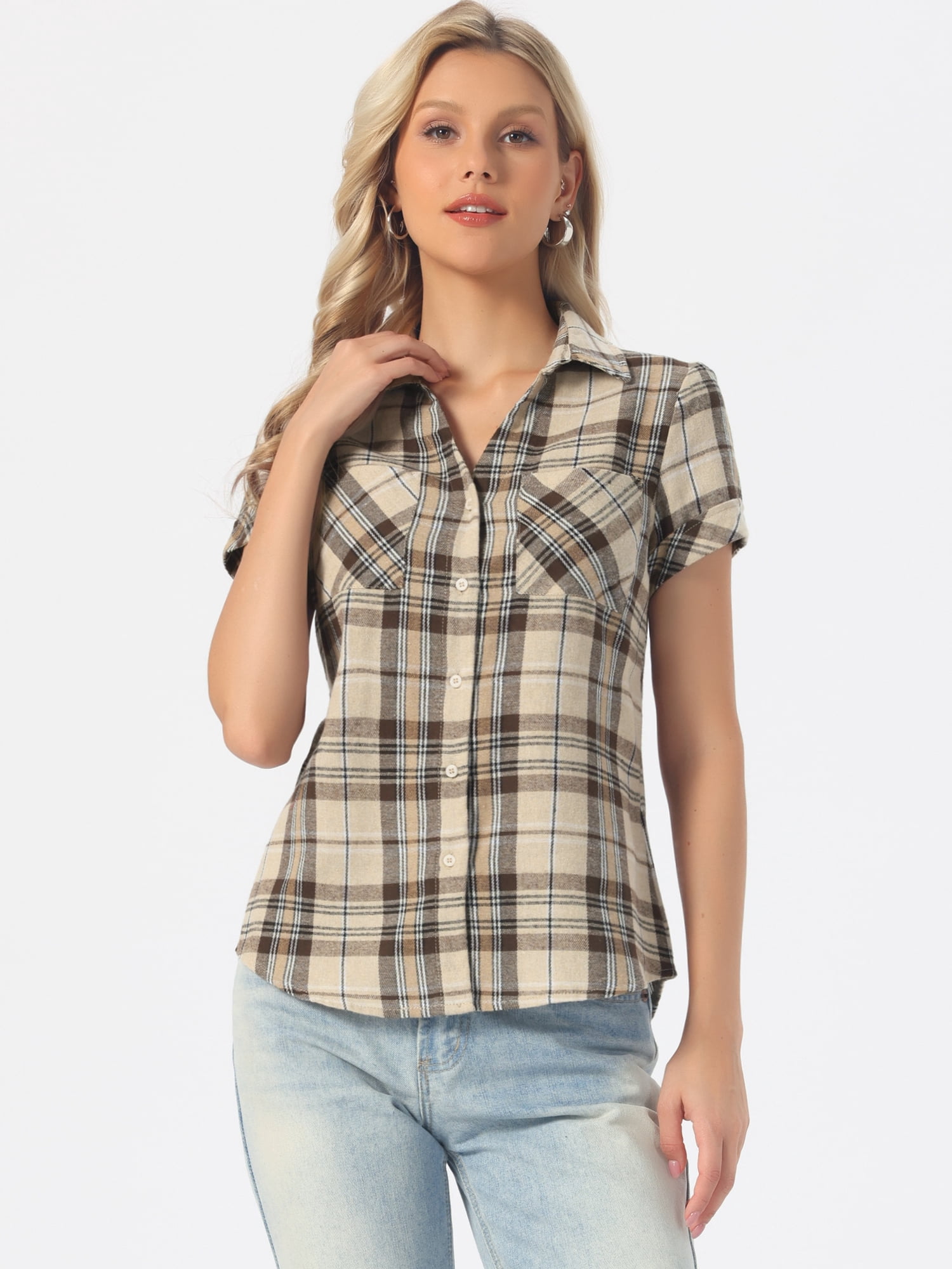DARING DIVA Women's Plaid Shirts Cotton Short Sleeve Button Down Shirt L Khaki Brown