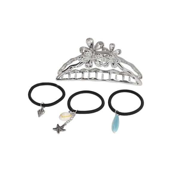 No Boundaries Claw Clip and Charm Hair Tie Set, 4-Piece, Silver Tone/Blue, Women's