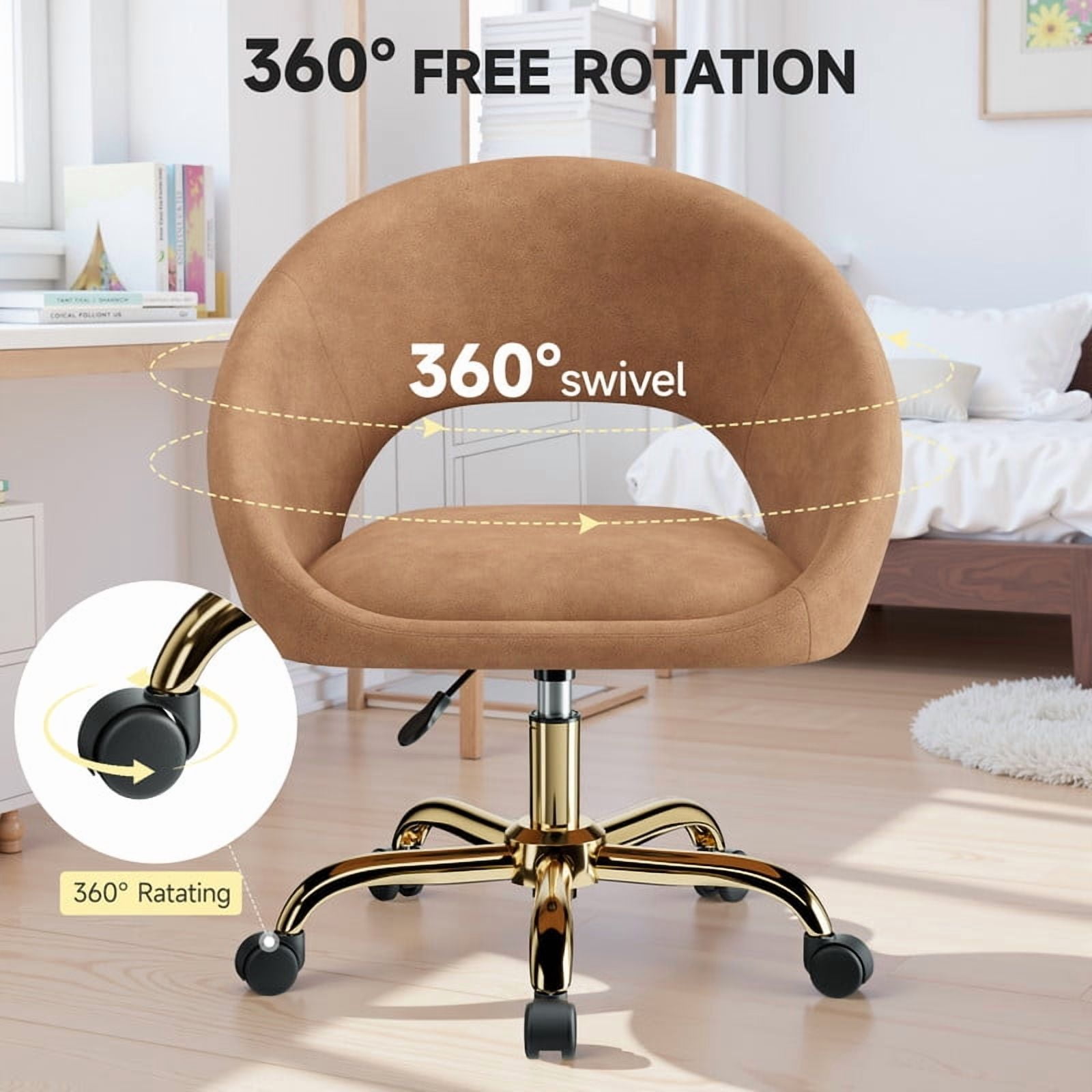 ATHOPE Vanity Chair, Fleece Office Chair with Gold Wheels, Comfy Home Office Desk Chair for Girls, Swivel Make Up Chair, Nail Tech Chair for Bedroom, Small Space, Brown
