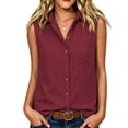 thumbnail image 6 of Women's Sleeveless Button Down Collared V Neck Blouse With Chest Pocket Solid Color Tank Top Casual Summer Work Office Outfits | CSEONE,Wine L, 6 of 9