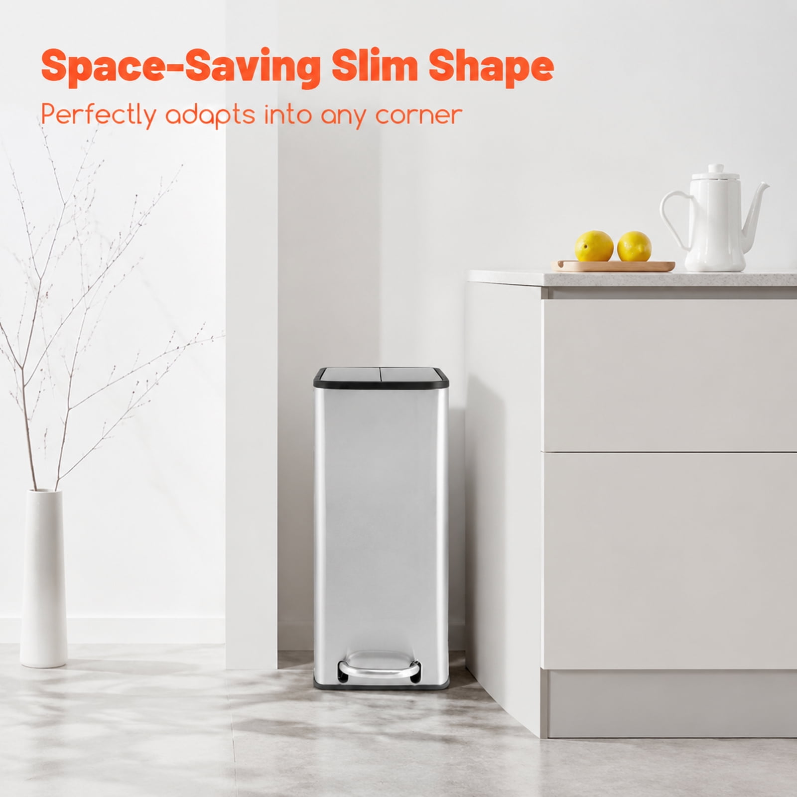 RUIE 12 Gal Stainless Steel Trash Can with Soft-Closing Wing Lids, Step Pedal Kitchen Trash Can with Removable Inner Bucket for Kitchen Living Room Office, Silver
