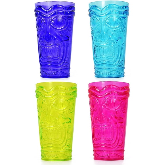 Set of 4 Party Tiki Cups! BPA Free 16 Ounce Tumbler Drinkware Set Luau Shape! Reusable Plastic Party Cups!
