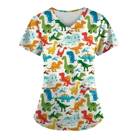 

Sksloeg Scrub Tops Women design Cartoon Printed V-Neck Animal Dinosaur Patterned Workwear With Pockets Shirts Nursing Working Uniform Red M
