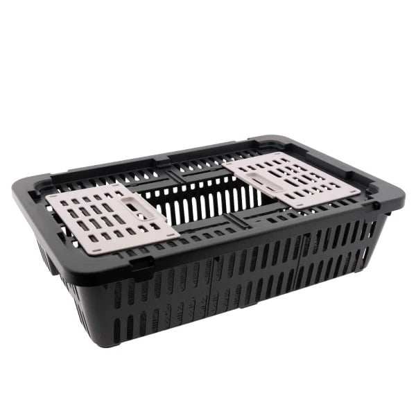Transport Coop for Quail & Pigeons, Plastic Poultry Carrier Crate, Black, Ventilated Locking Lid, Stackable Lightweight Bird Transport Box
