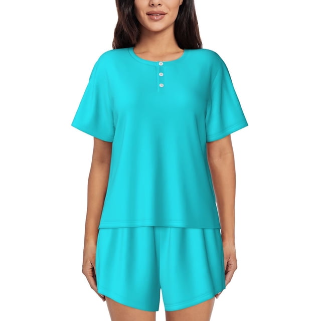 Balery Aqua Conjunto de Pijama para Mujer con Estampado, Dos Piezas de Manga Corta y Shorts, Ropa de Dormir Suave con Cuello Redondo y Bolsillos-Medium