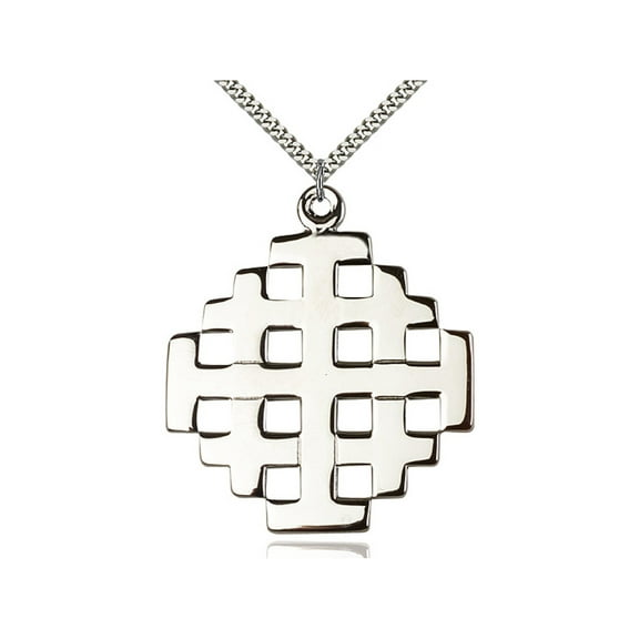Sterling Silver Jerusalem Cross Pendant 2 1/4 x 2 inches with Heavy Curb Chain